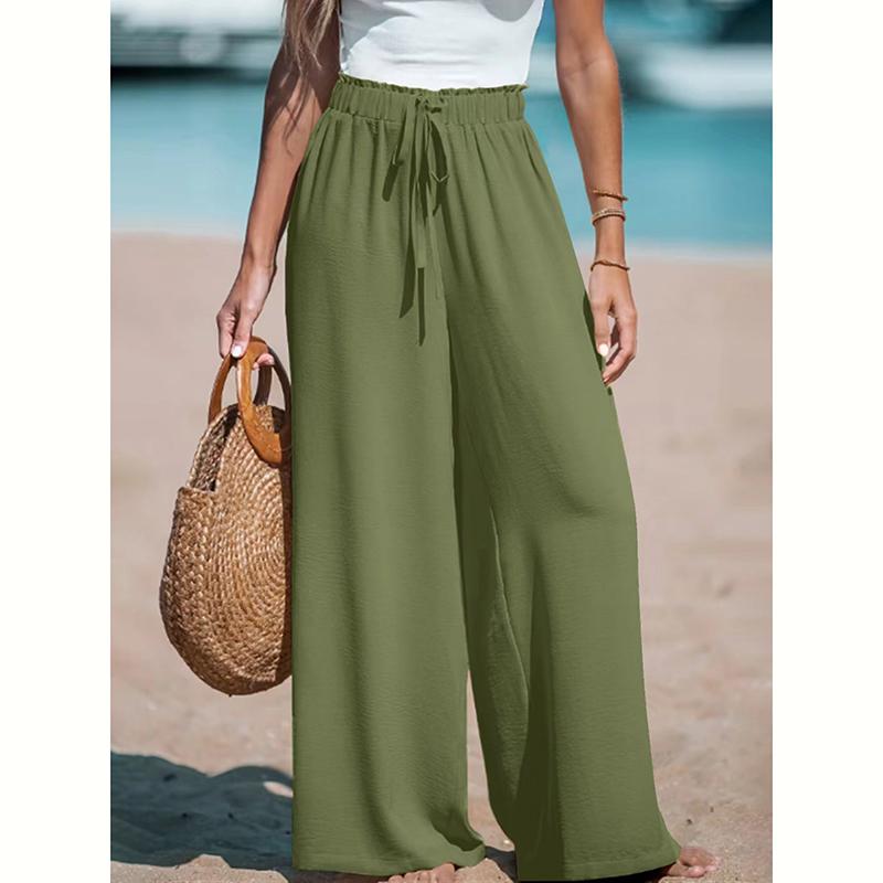 Women's Wide Leg Pants, Elastic Waistband, Lightweight Polyester, Casual Office Trousers, Mid-Rise Loose Fit, Spring Summer Fashion
