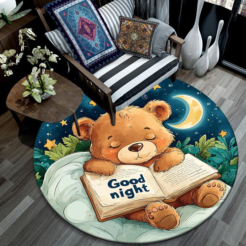 Teddy Bear Reading Book Round Area Rug,Carpet Rug for Living Room Bedroom Sofa Playroom Decor,Non-slip Floor Mat
