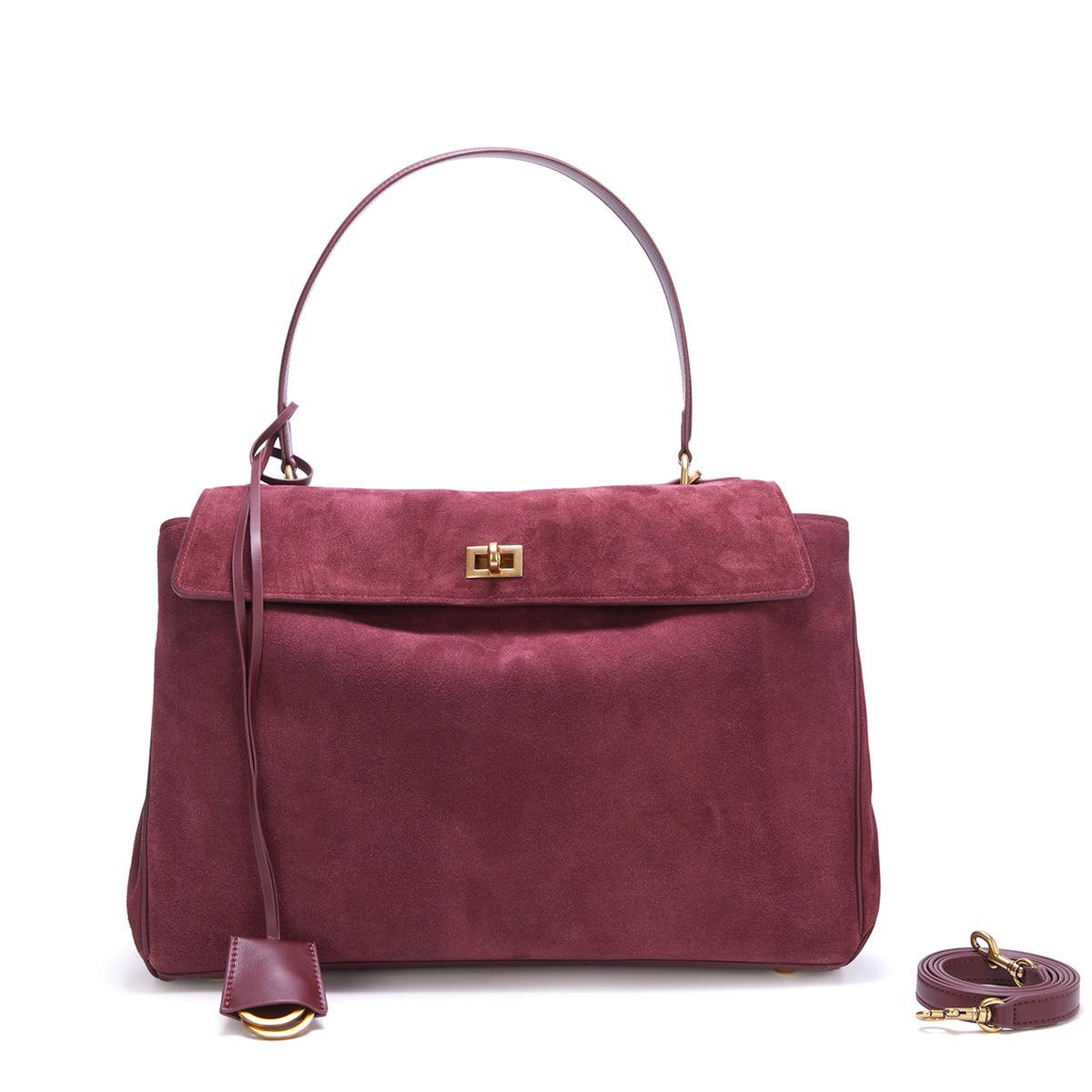 

Frosted Suede Bag Leather Commuter Fashion Tote Bag Premium Large Capacity Lock Shoulder Bag Length бордовий