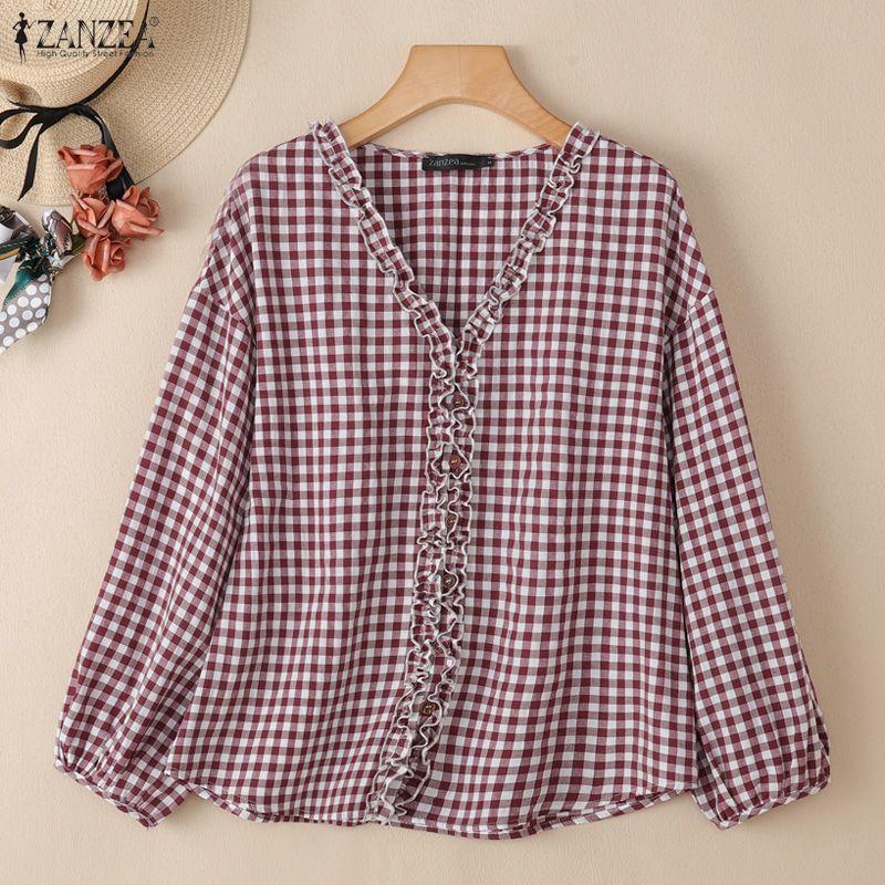 ZANZEA Women Casual V-neck Plaid Print Loose Long Sleeve Blouse