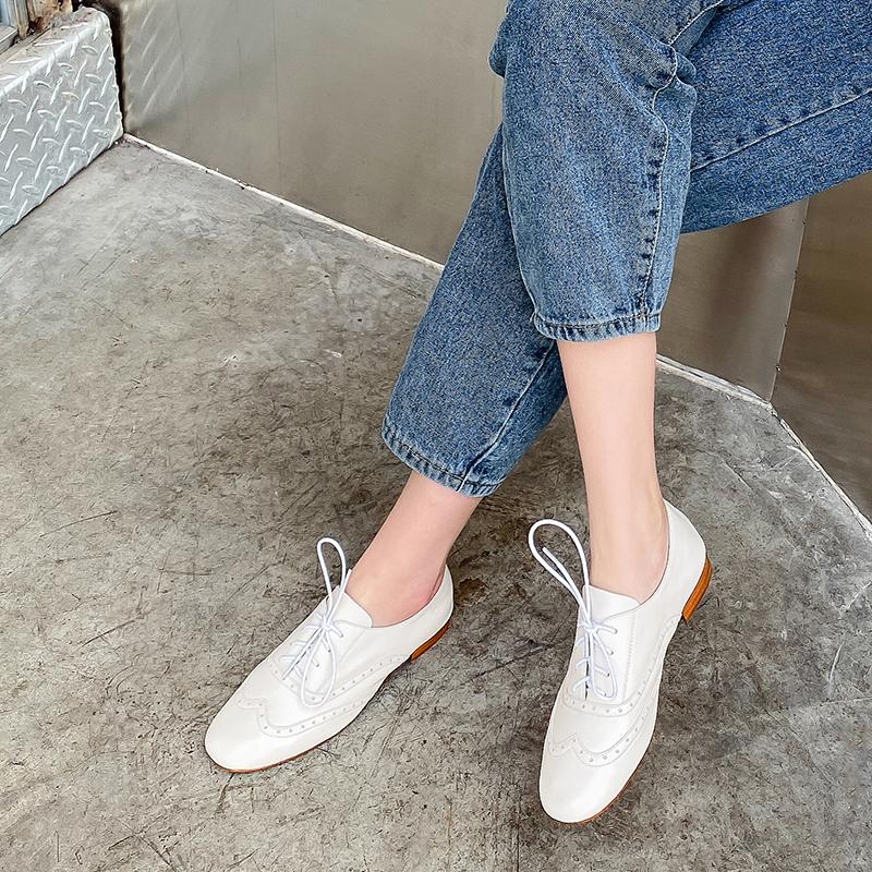 Fashion 2024 New Women Shoes Genuine Leather Block Flats Loafers Round Toe Lace-up Footwear Ladies Shoes for Women Retro Oxford Shoes