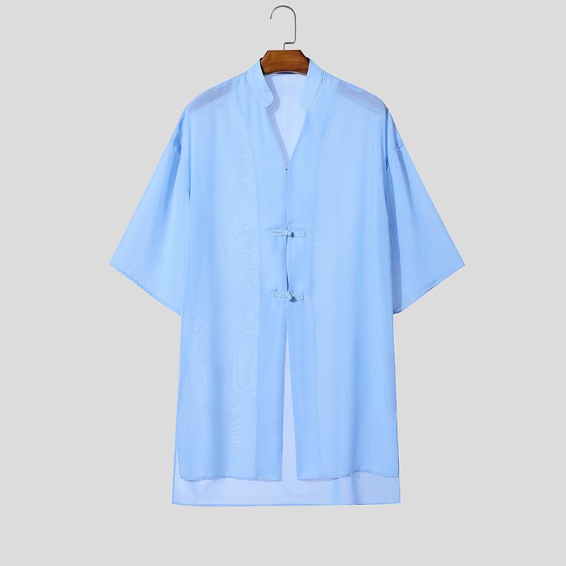 INCERUN Oversized Summer Men 3/4 Sleeve See Through Mesh Sheer Long Shirts Tops