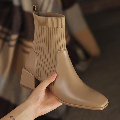 Herbst Winter Stiefeletten Damen Mode Große Größe 43 Gestrickte Kurze Stiefel Damen Slipper High Heels