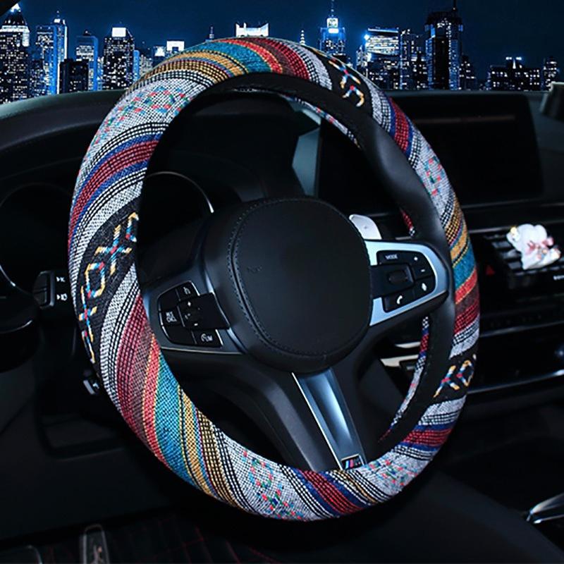 38CM Ethnic Style Coarse Linen Car Steering Wheel Cover Trendy Personalized Handle Wrap for Car Steering Wheels & Accessories