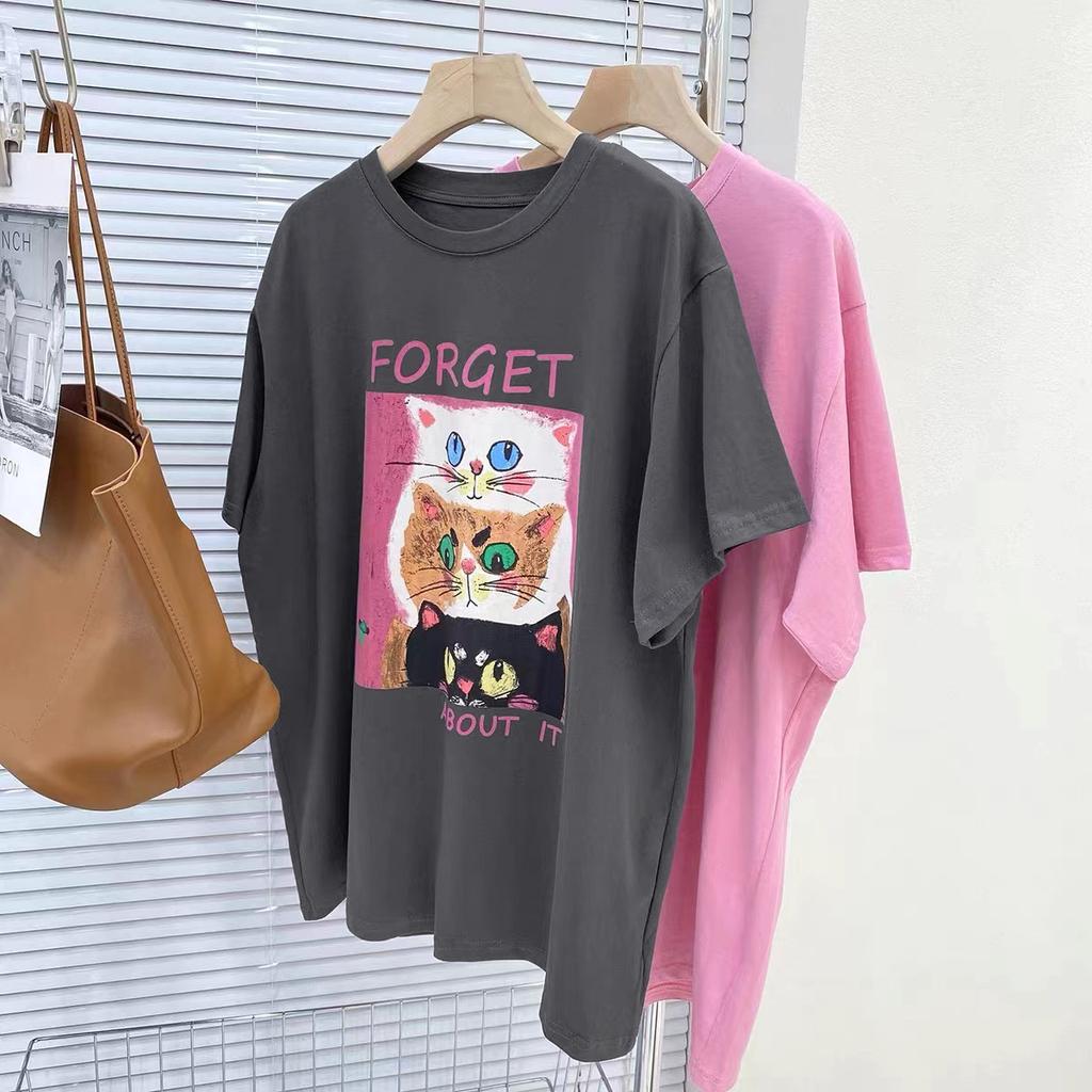 Übergroßes Cartoon-Katzen-T-Shirt aus reiner Baumwolle mit kurzen Ärmeln für Damen im Sommer Neues lockeres und modisches Design Nischen-Top