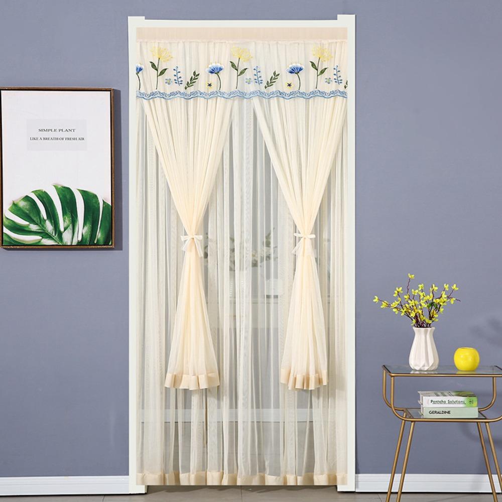 Punching Free Lace Embroidered Door Curtain Breathable Mesh Entrance Curtain  Summer