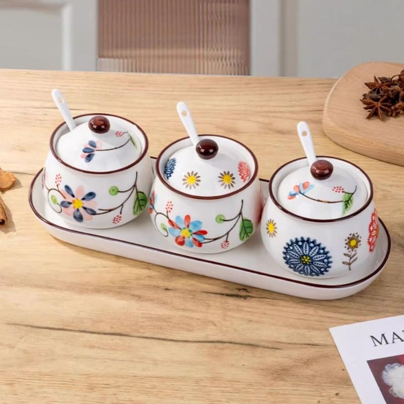 4 Piece Ceramic Spices Container Set Includes Decorative Tray Durable Kitchens Organizers for Spices Condiments