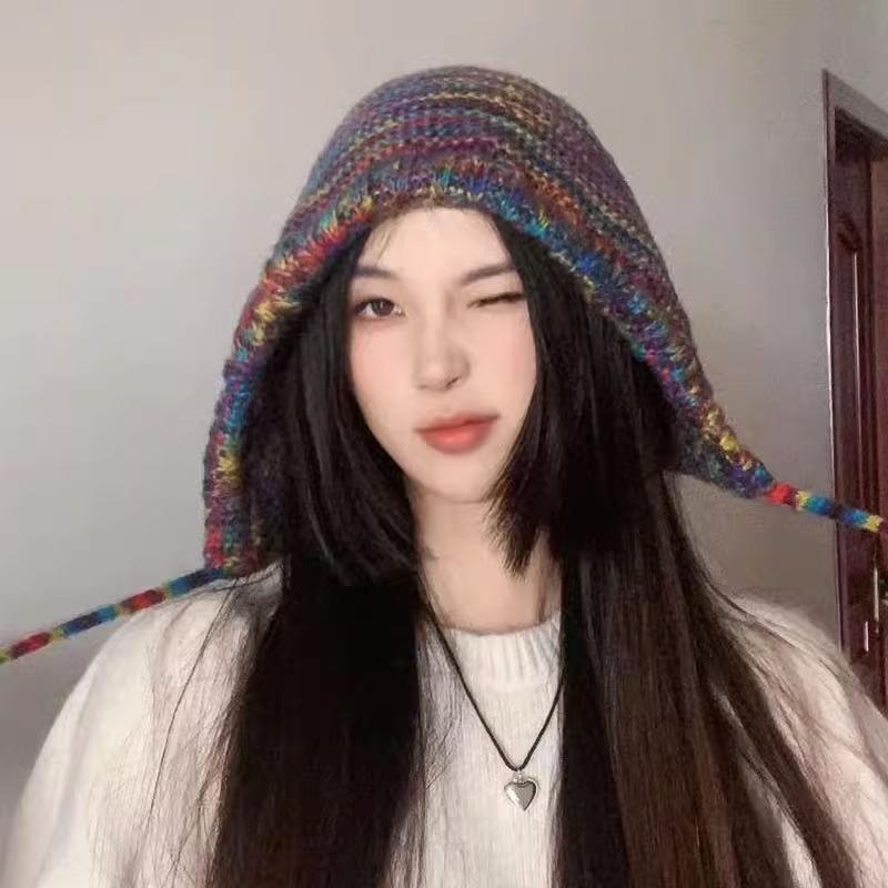 Autumn and winter warm color knitted ear protectors pullover wool hat women's face small rainbow tied hat