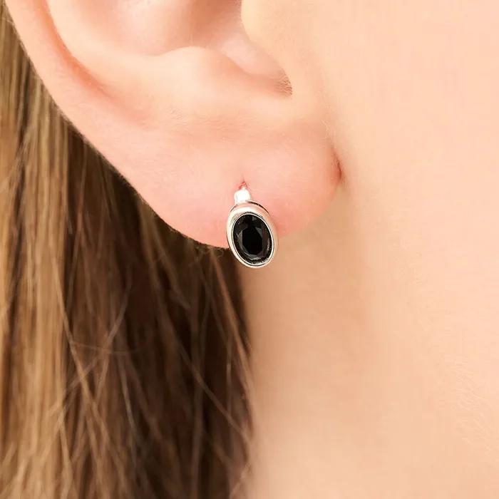 Silver Oval One-Touch Earrings Black RA25C58J
