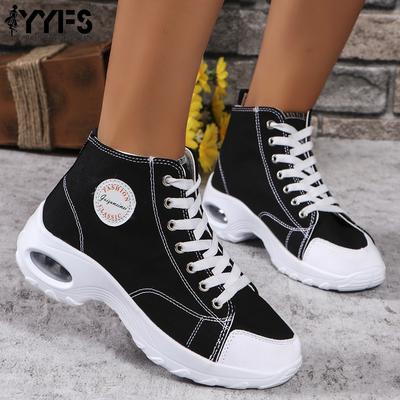 New Style Women Breathable High Top Canvas Shoes: Elevate Your Height and Style with These Sporty Style Sneakers.