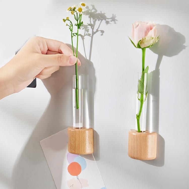 Decorative Wood Test Tube Vases With Magnetic Base Hydroponic Plant Display Vases Refrigerator Magnet For Home Decors