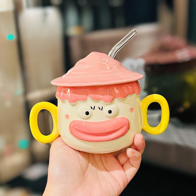 Ceramic Milk Mug with Lid And Straw 400ml Funny Cartoon Animal Water Cup with Double Handle Holiday Gift