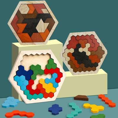 Sechseckiges Holzpuzzle für Kinder und Erwachsene, Block-Tangram-Denkspiel, Geometrie-Logik-Spiel, IQ-Spiel, Montessori-Lerngeschenk