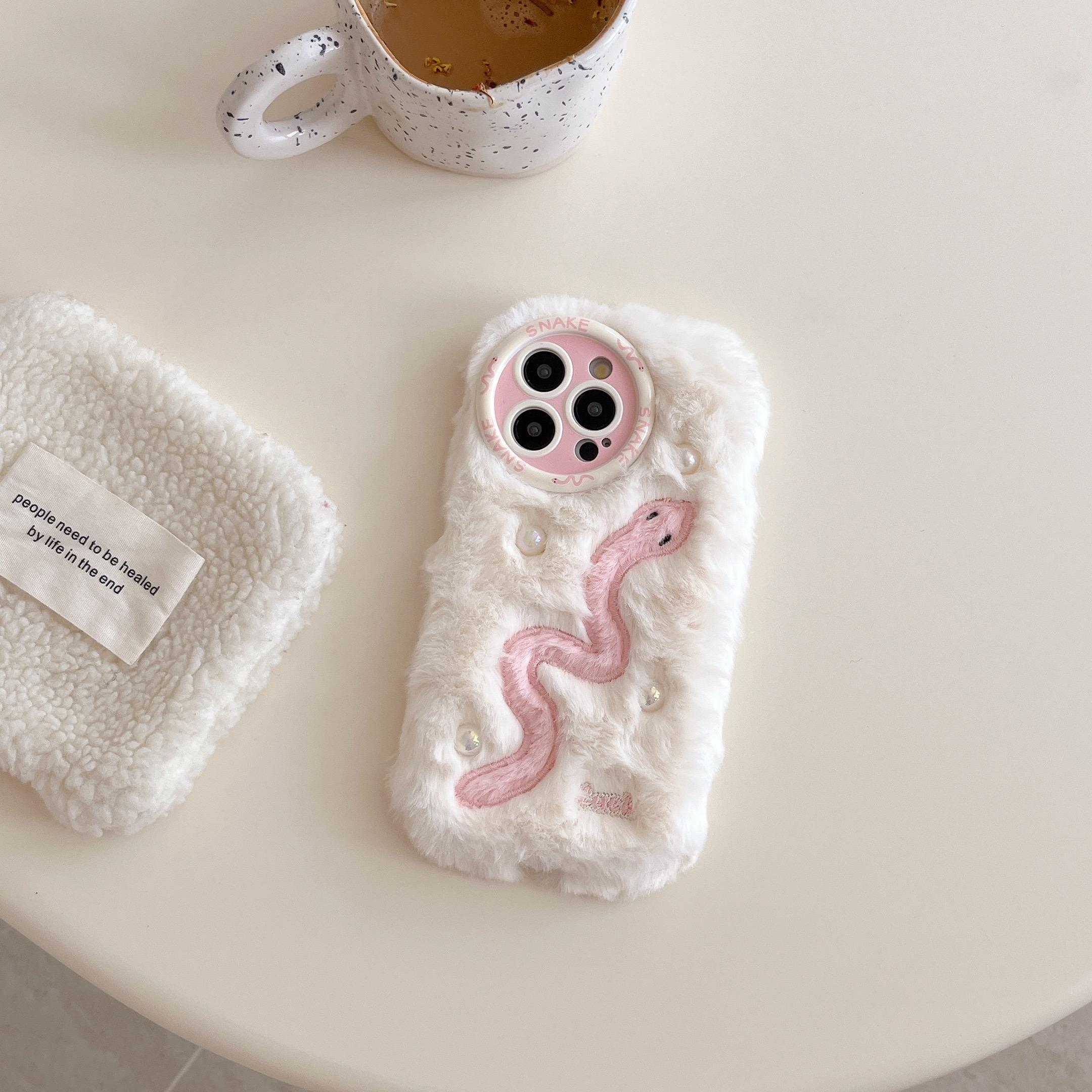 

For iPhone 16 Pro Case Snake Design Pearl Accents Furry TPU Warm Phone Cover Pink