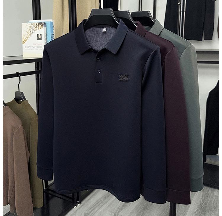 Men's Winter Long Sleeve Polo with Mulberry Silk Lapel, Fleece-Lined, Thickened Business Casual Shirt