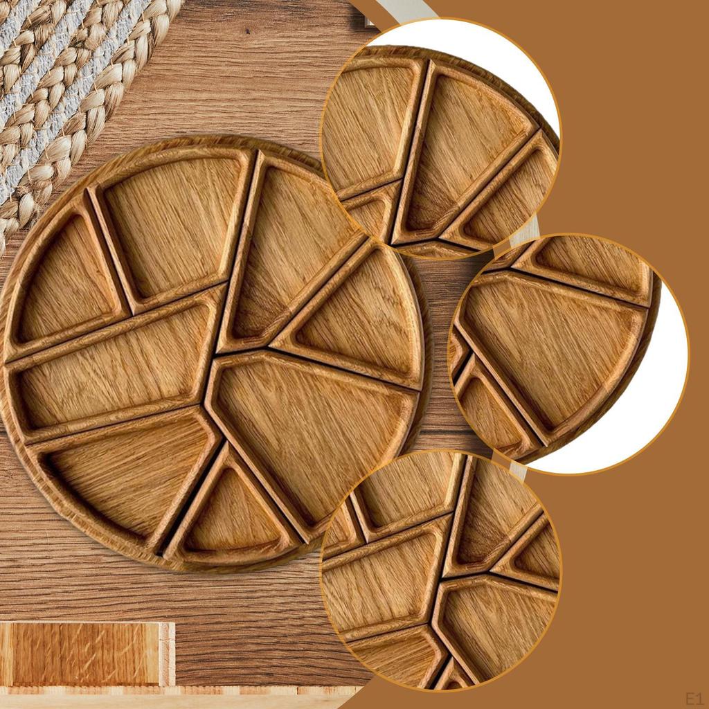 Divided Wood Serving Tray,Round Candy Board Appetizers Nuts Dish Food Platter for Kitchen