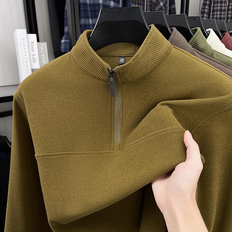 Men's Double-Sided German Fleece Half-Zip Hoodie - Stand Collar, Warm Base Layer for Autumn/Winter, Simple Casual Fashion.