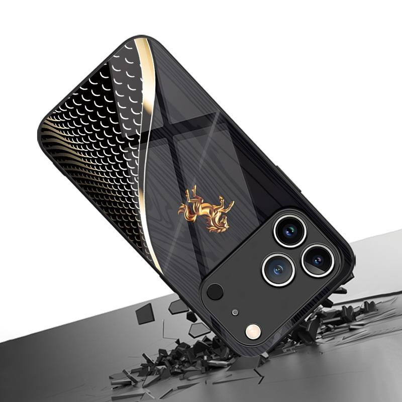 Golden Jumping Horse Dark Pattern Tempered Glass Phone Case For iPhone 11 12 13 14 15 16 17 Pro Max 17Air 7 8 Plus XR XS X Cover