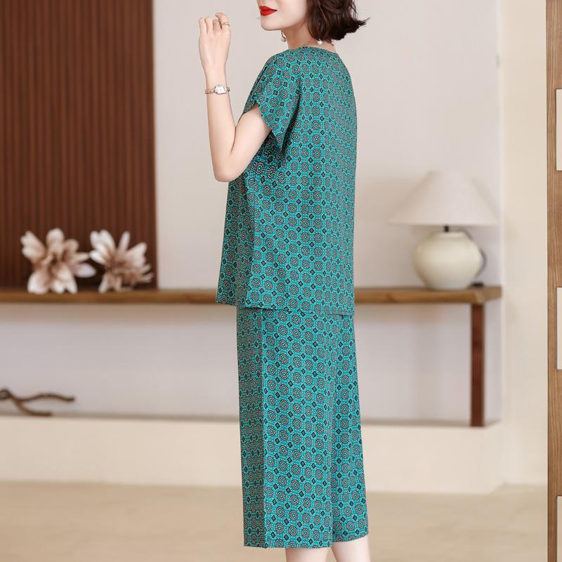 Plus Size Women Two Peice Sets Summer Loose Elegant High Waist Pant Sets Female Casual Vintage Print Oversize Suit