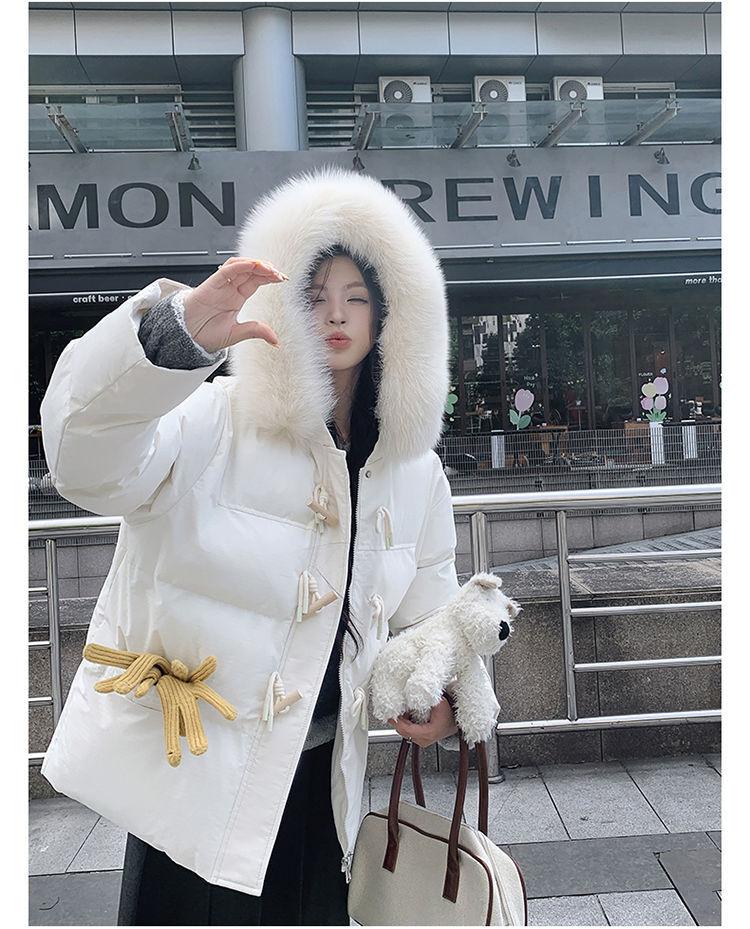 Women's Autumn and Winter Coat Solid Color Horn Button Hooded Fur Collar Loose Thickened Windproof Women's Jacket