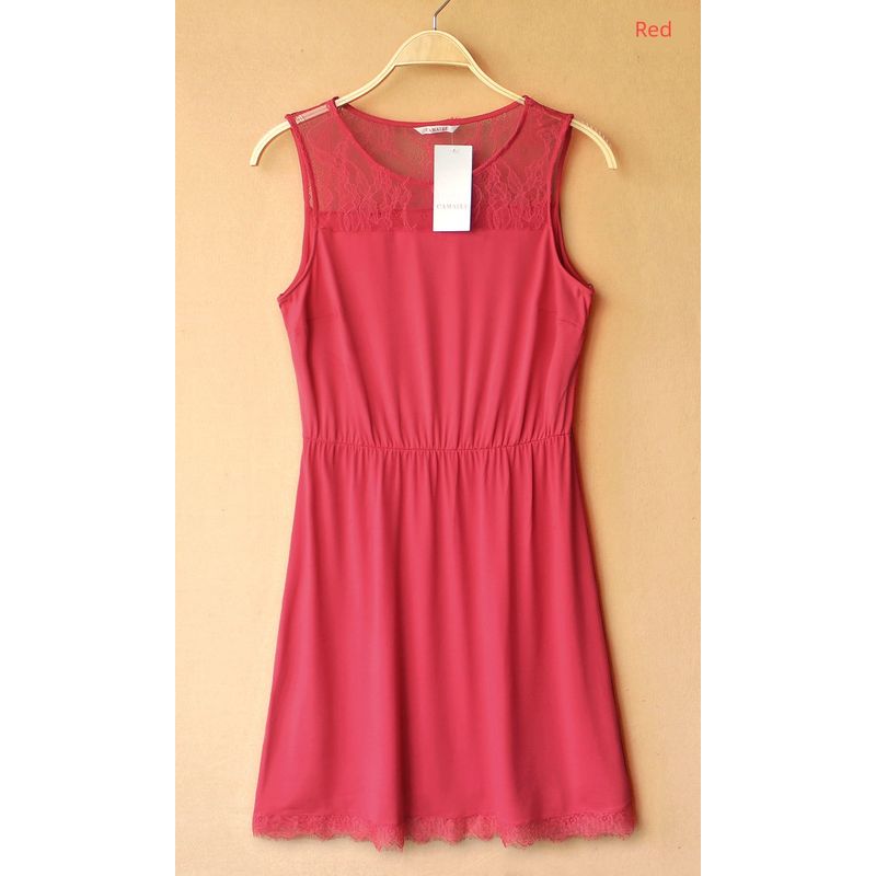 

Embroidered Sleeveless Casual Elastic Mesh Dress Red 38