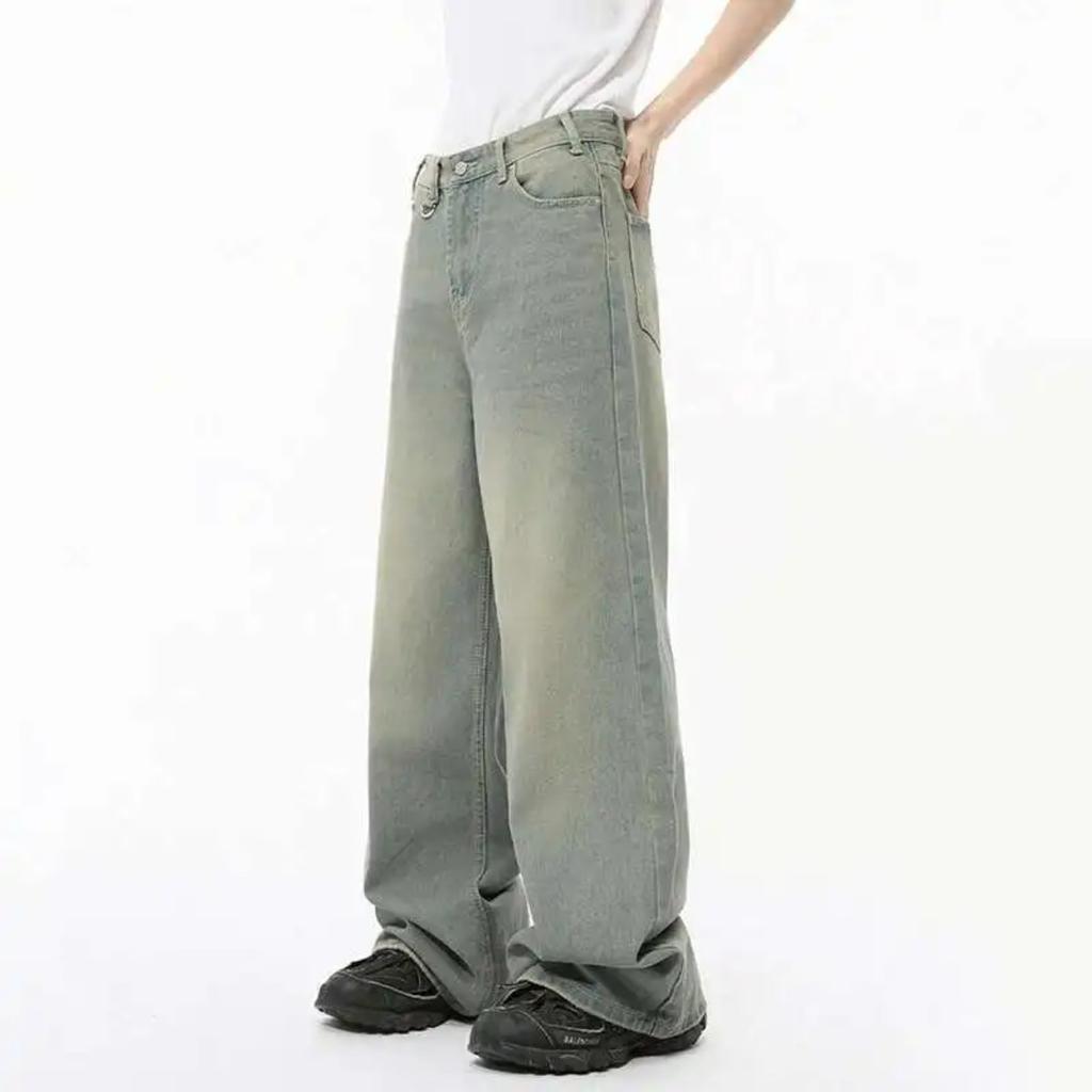 RogueWave Men Denim Pants Straight Droop Vintage Loose Bottom Straight Wide Leg Casual Male Trousers Korean Style