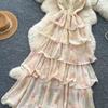 Summer Vacation Floral Printed Halter Chiffon Tiered Maxi Dress for Women Sexy V-Neck Backless Lace-up Ruffles Holiday Long Dress