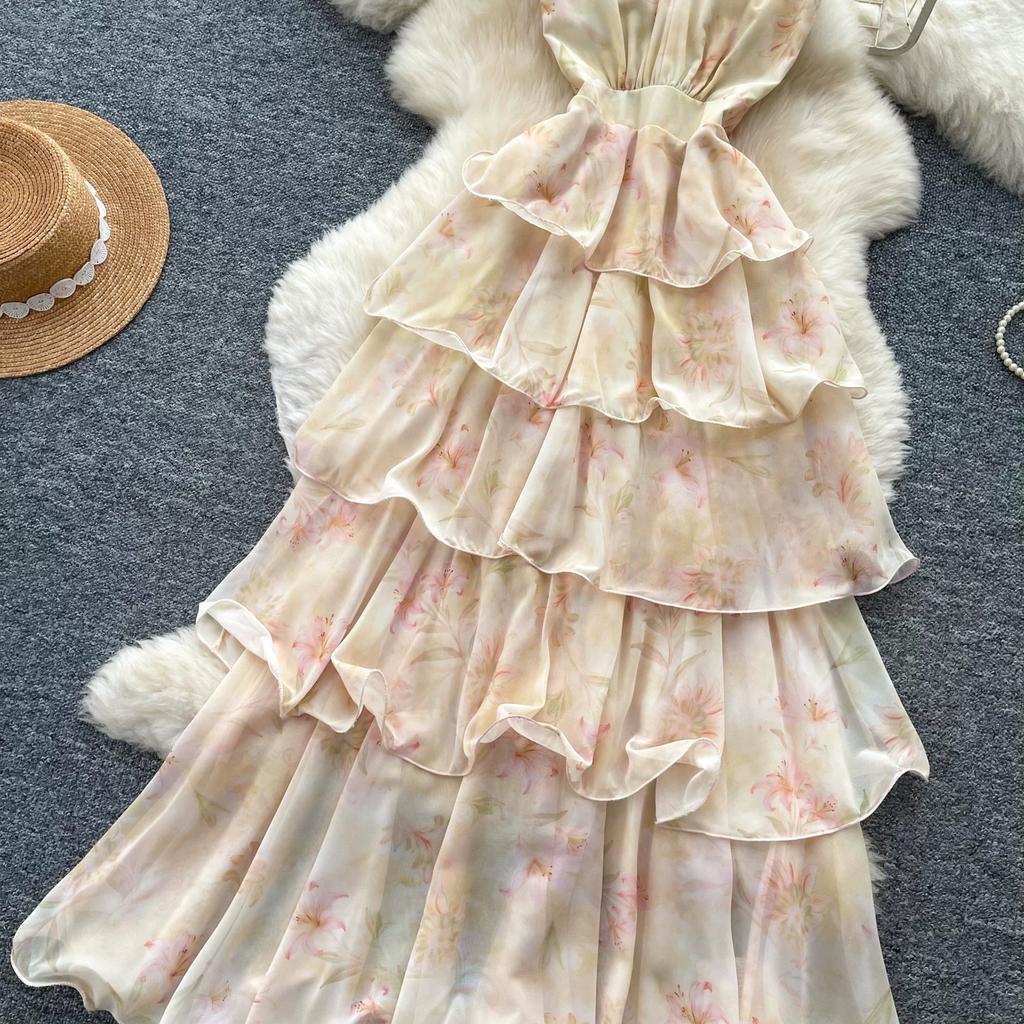 Summer Vacation Floral Printed Halter Chiffon Tiered Maxi Dress for Women Sexy V-Neck Backless Lace-up Ruffles Holiday Long Dress