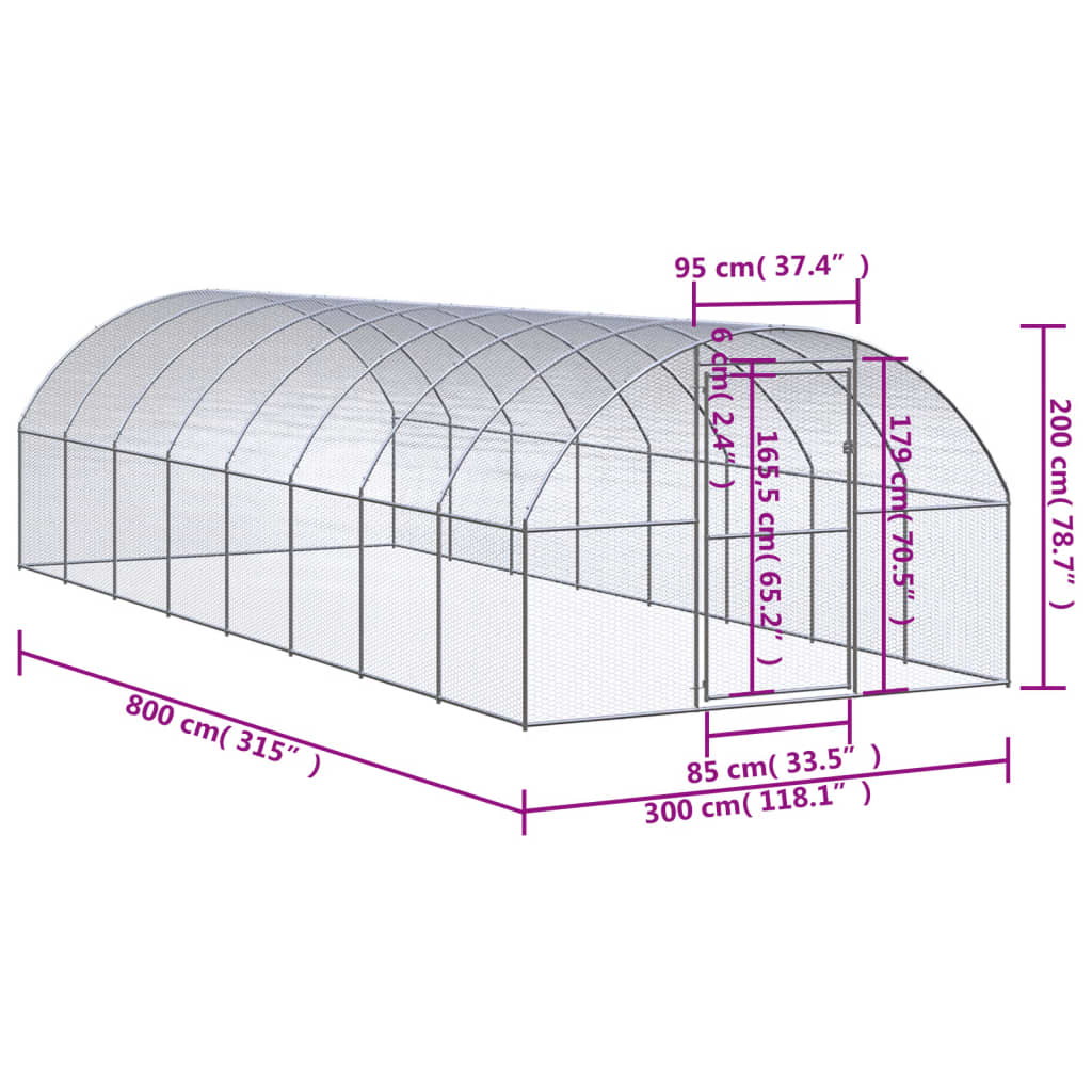 Vidaxl Outdoor Chicken Coop, 3X8X2 M, Galvanized Steel