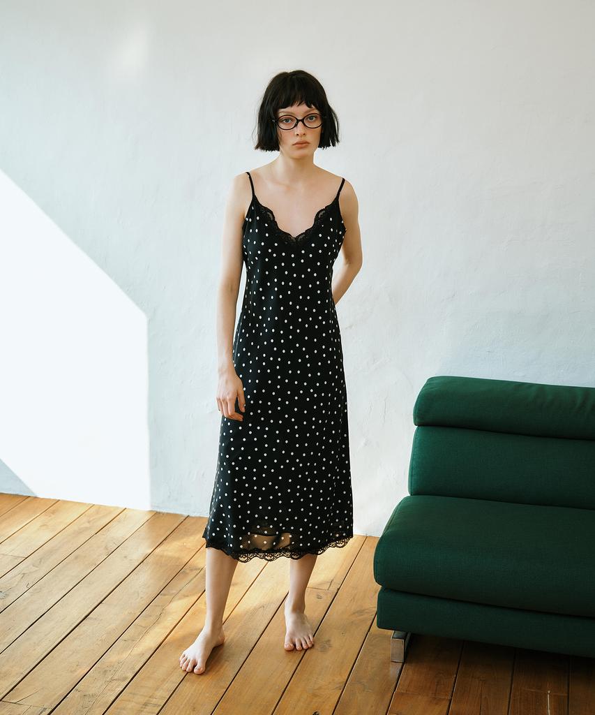 GREENBUTTER Dot Lace Slip Dress (Black)