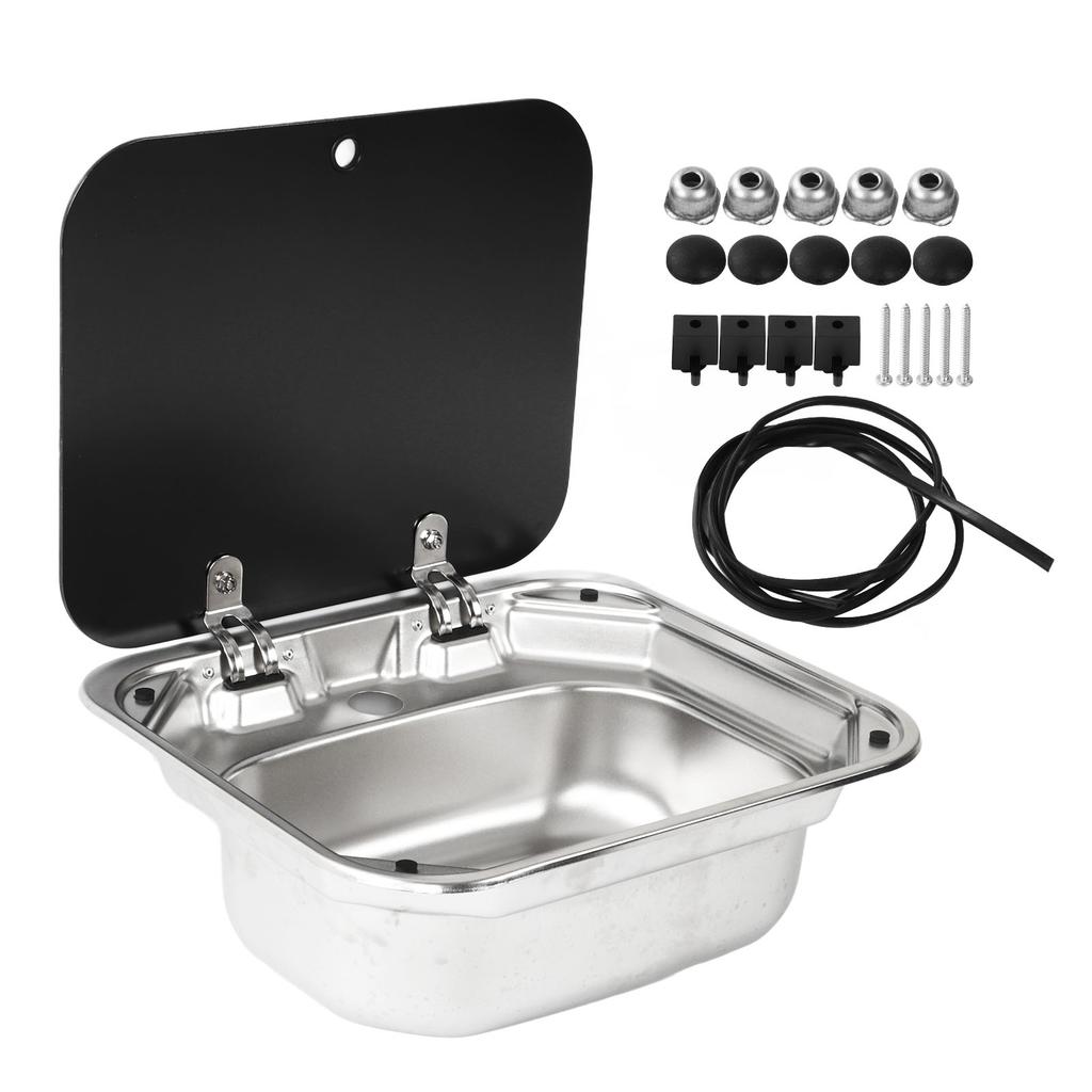 RV Kitchen Sink Large Capacity 420x370x145mm Rectangle RV Accessories with Toughened Glass Cover
