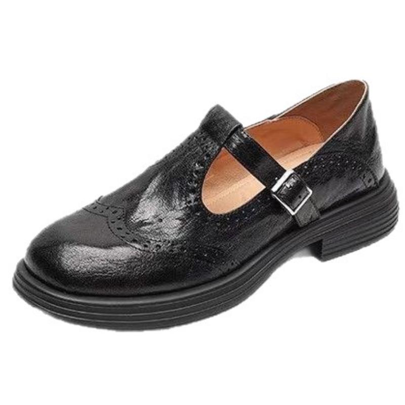 Fashion Women's Shoes T Strap Casual Vintage Lambskin Openwork Flower Flat Heel Loafers Women New Shoes Round Head  Leisure Daily Shoe