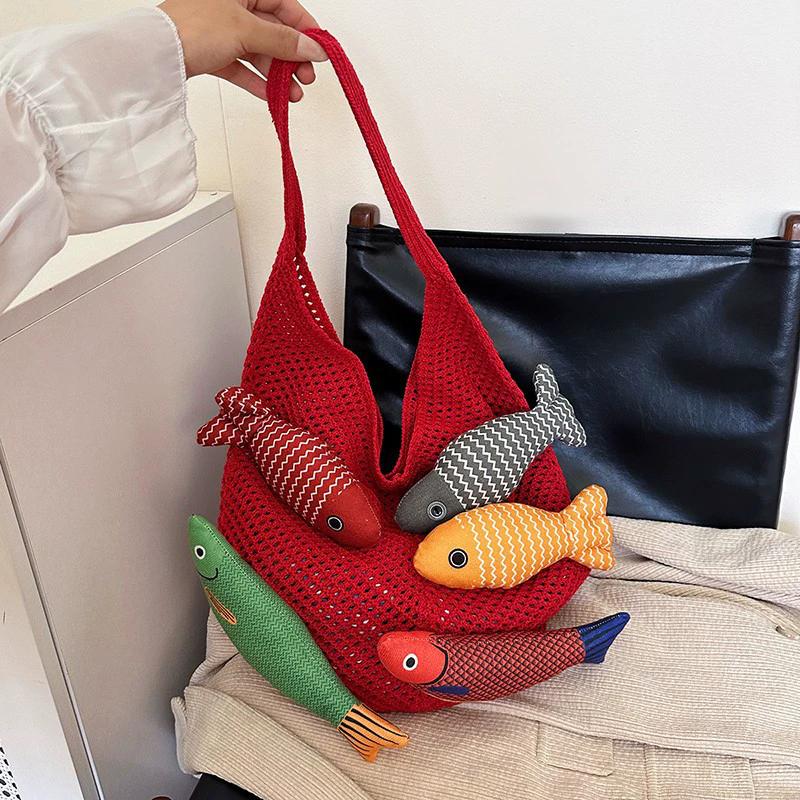 Yogodlns New Fish Cute Crochet Tote Bag Large Capacity Casual Woven Shoulder Bag Multicolor Handmade Knitted Bag