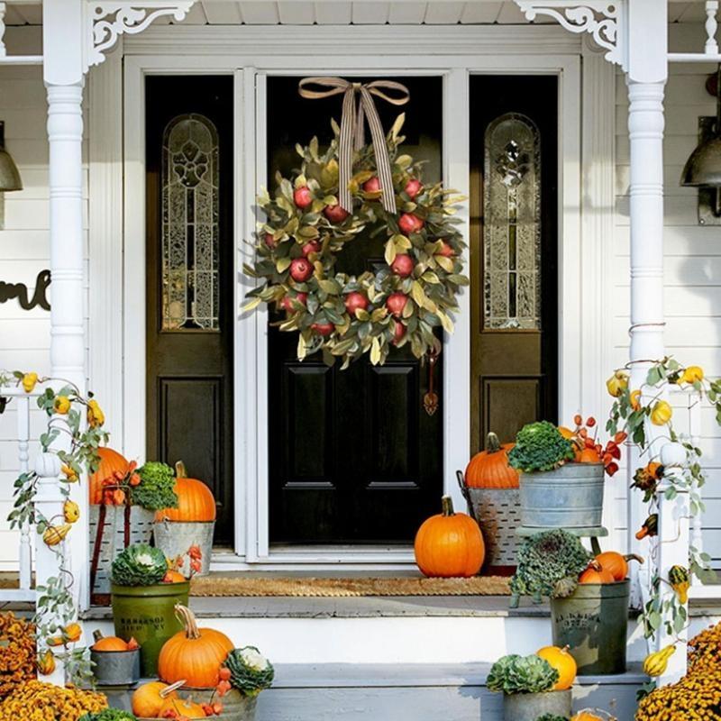 Autumn Fall Front Door Wreath Artificial Pomegranate Fruit Ribbon Bow Realistic Greenery Garland Hanging Onrmanet Thanks