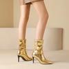 Autumn and winter gold silver bright patent leather pointed super fine heel elastic thin boots medium boots
