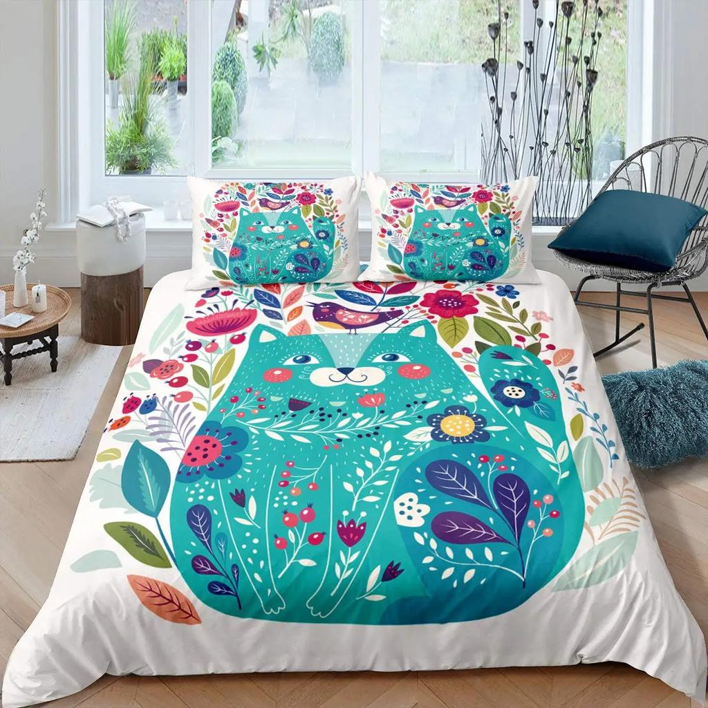Bettbezug Tiere Cartoon Eichhörnchen Frühlingswiese Wald Fauna Schlafzimmer Dekorativ für Kinder Jungen Mädchen Geschenk Queen Size