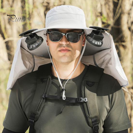 Solar Fan Hat with Neck Flap UPF 50+ UV Protection Hat with 2 Solar Fans Breathable Men Summer Outdoor Activities Fishing Wide Brim Bucket Cap