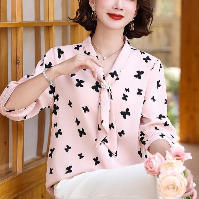 Women Blouse Chiffon Shirt Butterfly Three-quarter Sleeves Spring Summer Clothes Top Long Sleeve Women's Shirt Blusas Ropa De Mujer