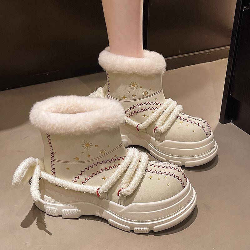 Women's Thick Bottom Lace-up Hairy Mouth Winter Lightweight Warm Anti-cold Padded Snow Boots Non-slip Wear Casual Sneakers Cotton Boots