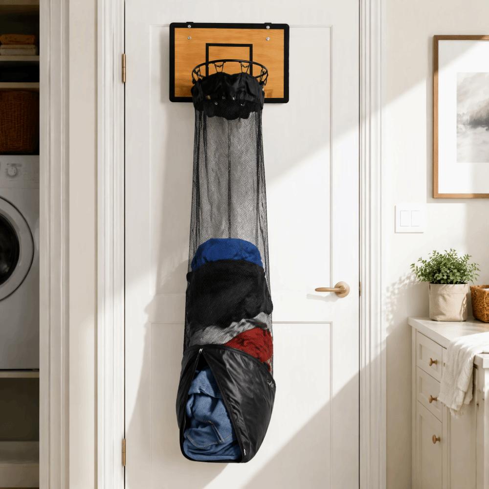 No Drilling Required Basketball Hoop Laundry Basket Bathroom Shower Area