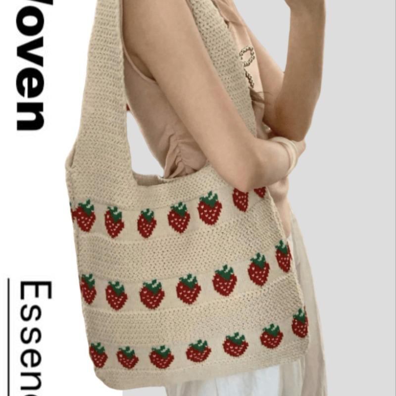 Popular tote bag strawberry pattern knitted crochet bag durable large capacity women's handbag