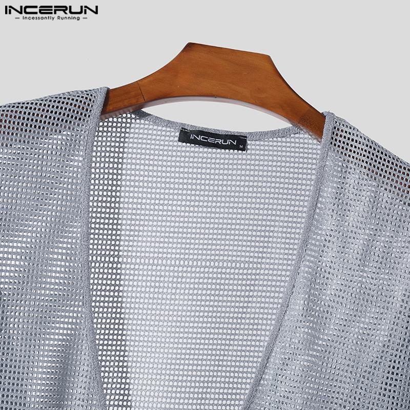 INCERUN Pánské topy s hlubokým výstřihem do V a průhledné, ležérní trička s dlouhým rukávem z rybí sítě