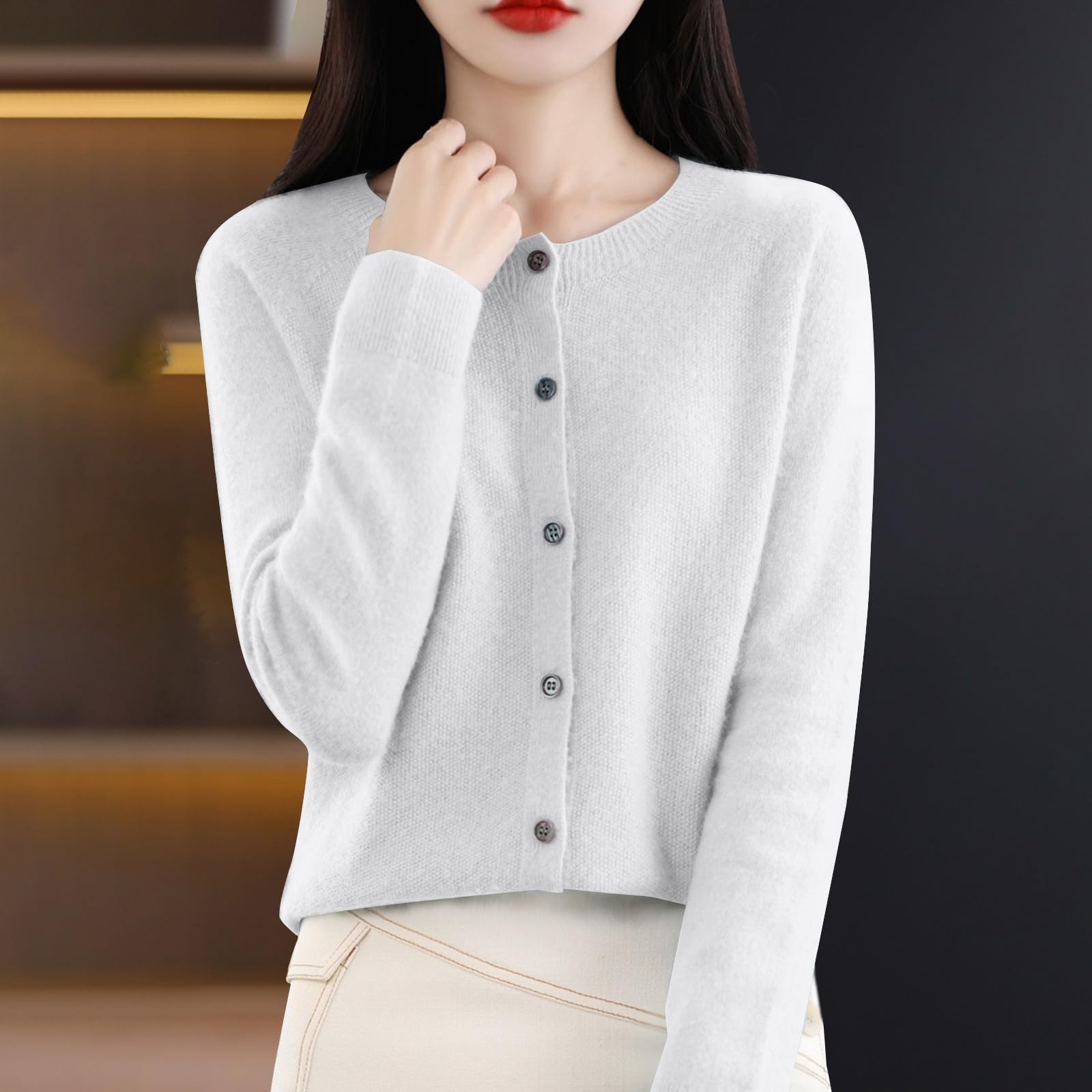 

Women s Fashion Solid-Color Fall/Winter Neck Cardigan Knit Sweater Loose-Fit Versatile Long-Sleeve Base Layer Sweater XXL белый