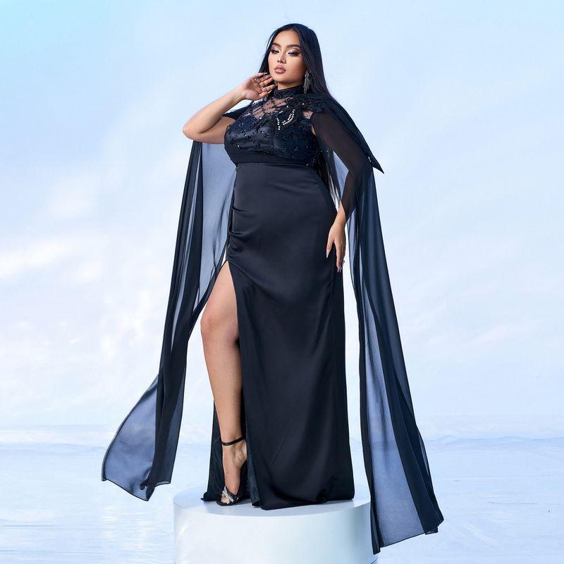 

European and American Style Plus-Size Dress for Plus-Size Women, Long-Sleeved, Round-Neck, Evening Gown with Rhinestones and a Large Hem Black 1XL