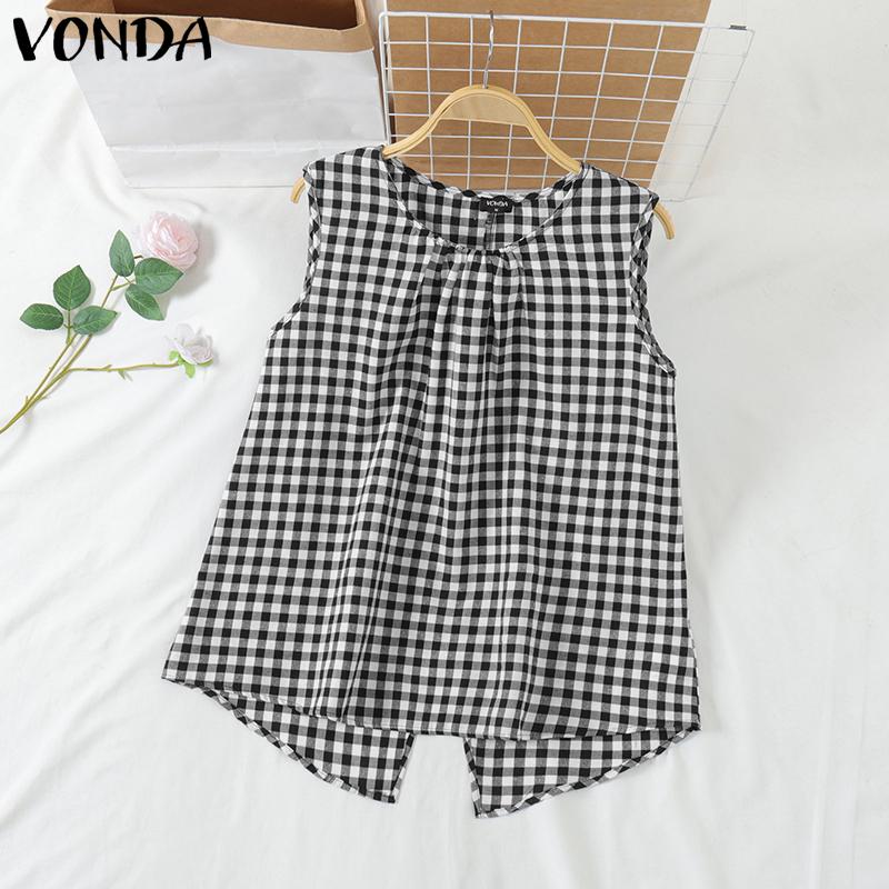 

VONDA Летние женские топы без рукавов с клетчатым принтом и неровным низом 5XL чёрный