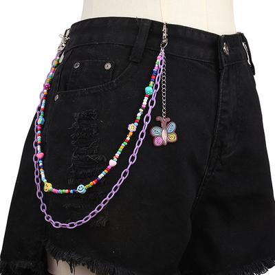 Hip Hop Punk Belt Chain Key Chain Ring Women Men Multicolor Resin Circle Heart Pendant Waist Chain Bag Car Jeans Skirts Pants