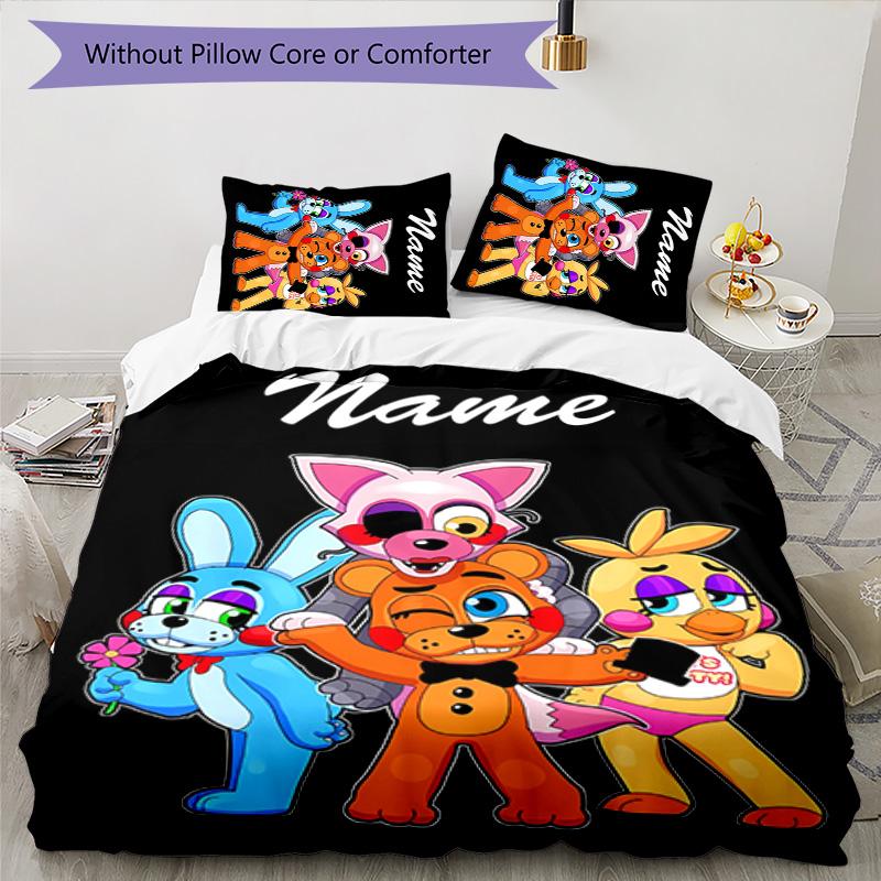3pcs Freddy Bear2 Cover Set - Personalized Name, HD Printed Bedding with 1 Cover and 2 Pillowcases - Perfect for Home Decor, Easy Care