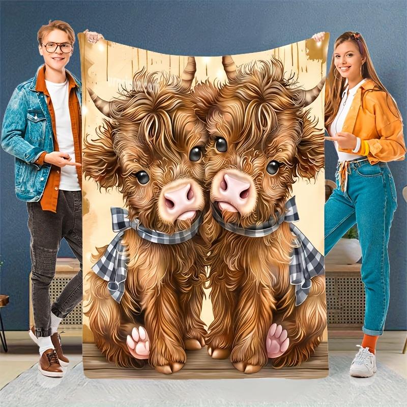 Highland Cow Flannel Blanket  Heavyweight Scottish Cow Print with Tartan Bow Tie Design, Soft Warm All-Season Throw for 130x150cm51x59in