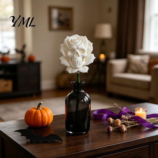 Niche Dark Theme Ornaments Gothic Skull Rose Decor, 3D Printed Skeleton Artificial Realistic Sculpture Flower, Aesthetic Halloween Ornament for Table