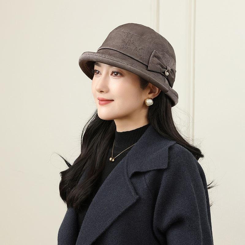 

Имитация пряжи «ароматное облако», шляпа-ведро, женская, весенне-осенняя, теплая тканевая шляпа, ретро шляпа-ведро, бант, козырек M（56-58cm）